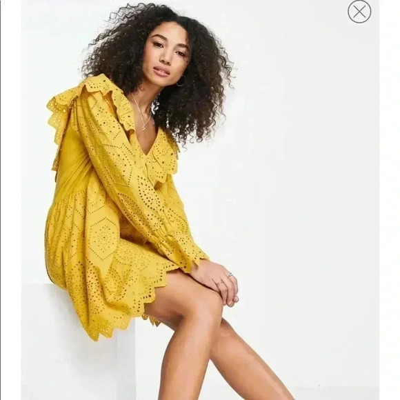 NWT Topshop Broderie Eyelet Ruffle Long Sleeve Minidress Yellow Sz 8 - Picture 4 of 14